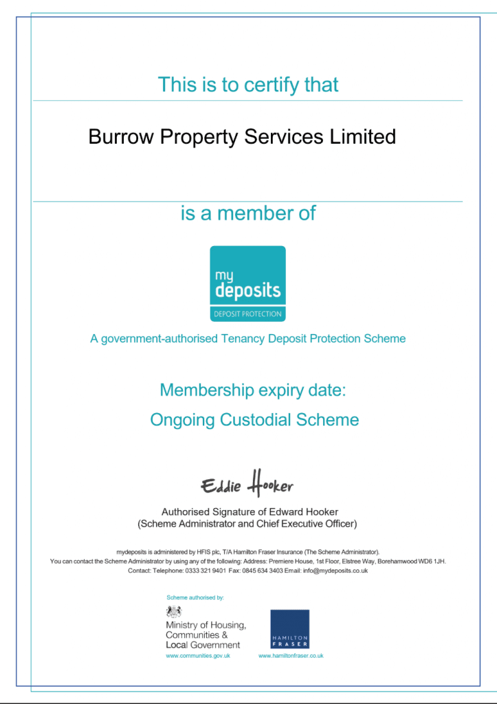 MyDeposits Certificate. Certificate to prove membership of government backed deposit protection company for property managers. Certificates.